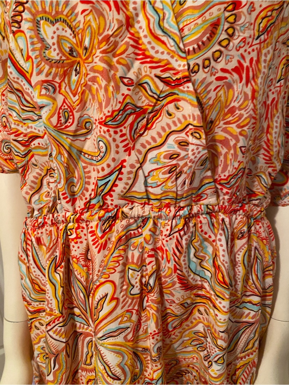 Floral Paisley Orange V-Neck Mini Dress with Gathered Waist